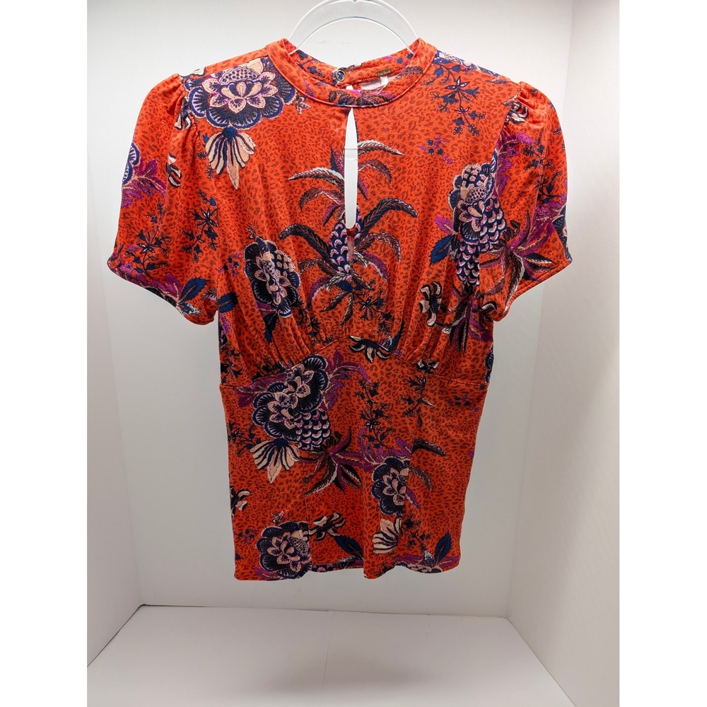 Free People Floral & Leopard Keyhole Mock Neck Top Rust Orange Size Small